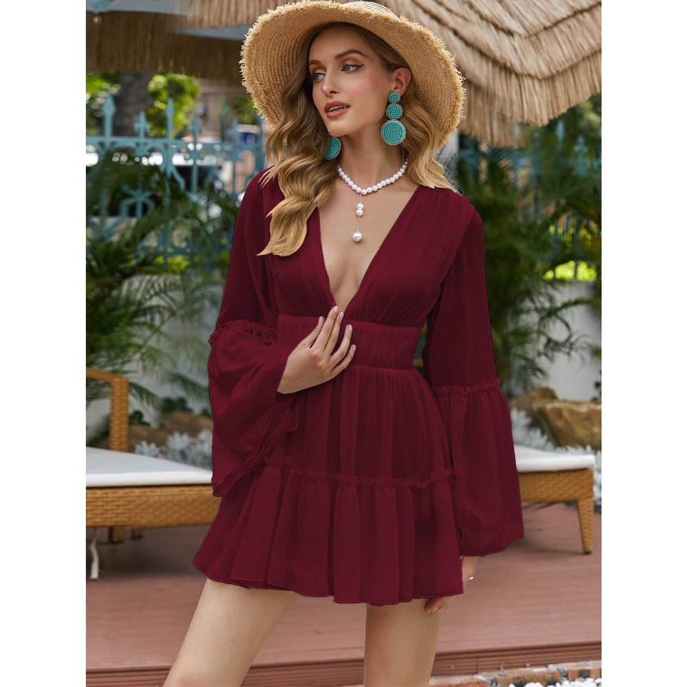 Plunging v Neck Frill Ruffle Hem long sleeve Chiffon mini Dress white - Picture 6 of 11
